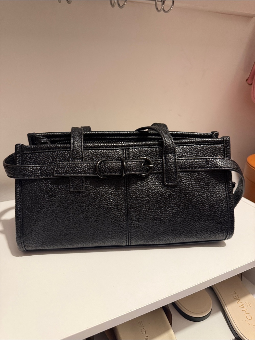 Aldo Black Pebbled Leather Shoulder Bag with Belt Detail